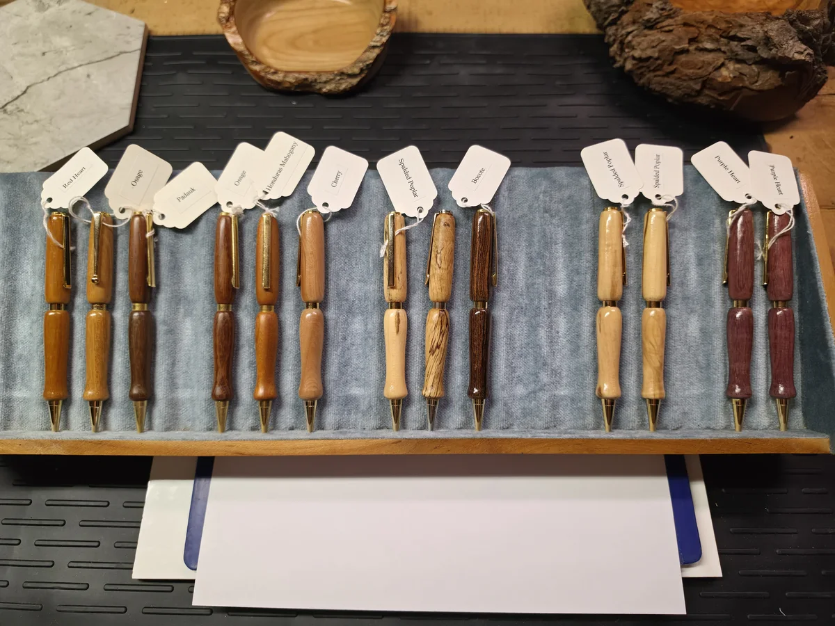 Turned pens image showing small finished Studio products.